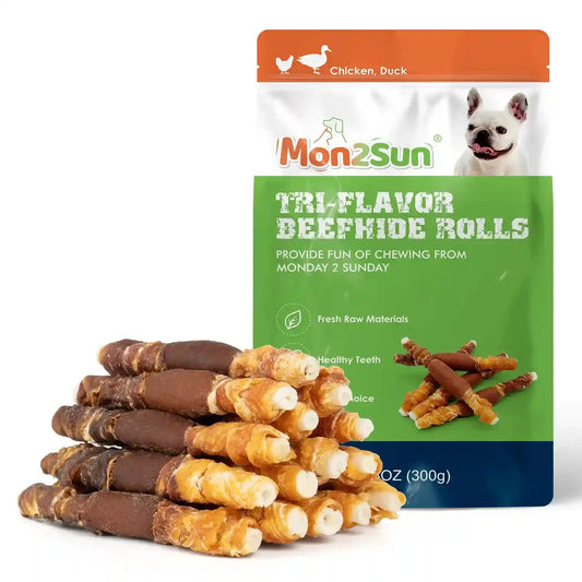 Dog Treats, Triple Flavor 5 Inch Chicken Liver Duck and Chicken Wrapped Rawhide Snacks for Small and Medium Dogs
